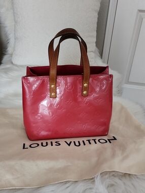Authentic Louis Vuitton Fushia Patent Vernis Small Tote with Brown Handles